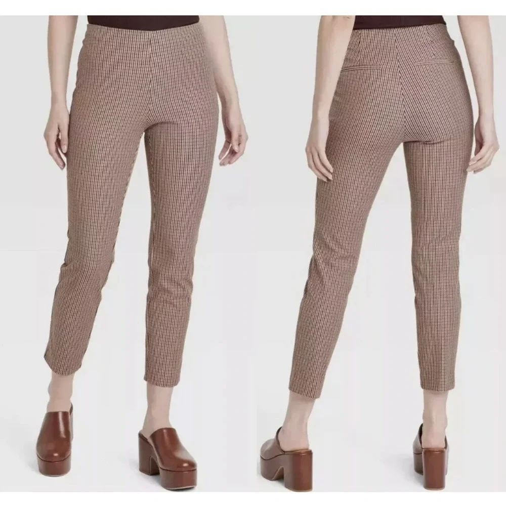 A New Day Womens Pants Side Zip Stretch Ankle High Rise Plaid Size 8‎ Brown Pink